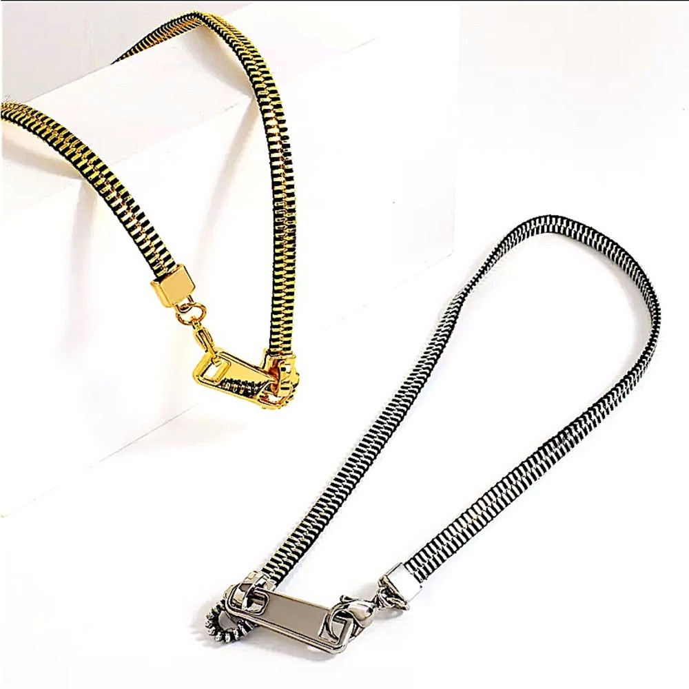 Metal Gold Silver Zipper Necklace Industrial Edgy Statement Choker Tarnish Free - Picture 9 of 11